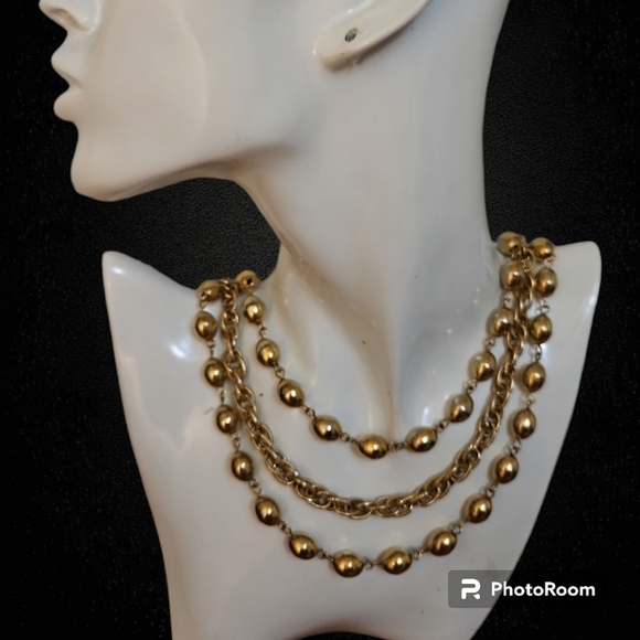 VTG 1960s Goldtone Layered Beaded Chain Holiday Necklace - Picture 1 of 7